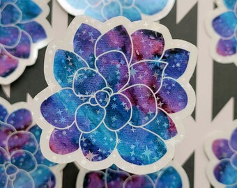 Adhesivo de vinilo suculento con diseño de galaxia en acuarela / Adhesivo de planta holográfica brillante