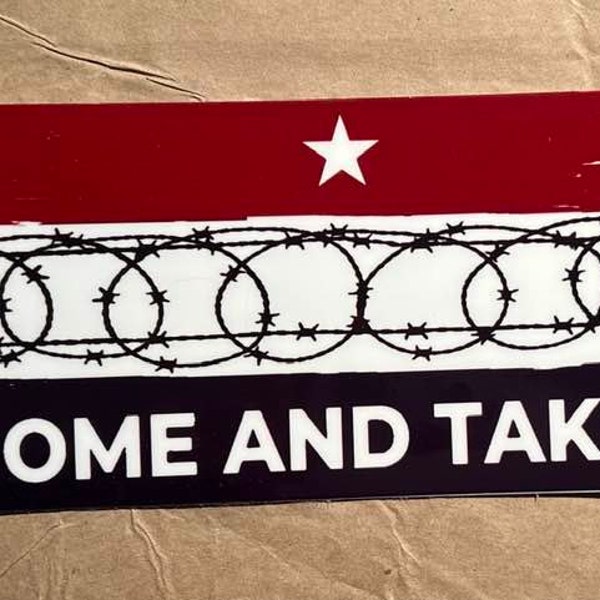 TEXAS Come & Take It  - Bumper Sticker - Wire Fence Barbed Razor Wire - Texas flag