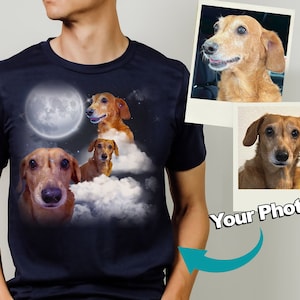 A hand-drawn cartoon of a dog in space  , wearing a shirt with its own name and a space illustration of a custom dog pet gift for a pet lover
