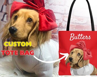 Cat Custom TOTE BAG, Dog Presents, CUSTOMIZABLE Bag, Cloth Tote Bag, Personalized Illustration Picture Print Black Cotton Handle Tote Bag **