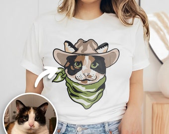Kundenspezifisches Cowboy Südliches HAUSTIER-PORTRAIT-SHIRT | Personalisiertes Aquarell Katzenporträt, benutzerdefiniertes Haustierporträt - macht ein perfektes Haustier-Muttertagsgeschenk