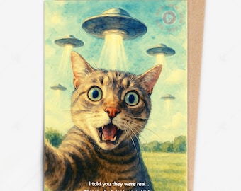 Funny Alien Cat Card – UFO Abduction Cat Meme, Introvert Humor Greeting Card, Sci-Fi Cat Lover Gift, Instant Download, Cat Greeting Card
