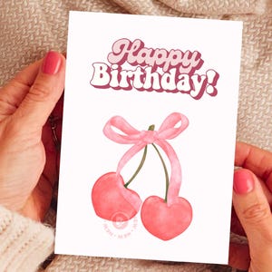 Cherry Heart Birthday Card Pink Printable Birthday Card with Bow Girly Birthday Card Fruit Birthday Card Cute Printable Birthday Card