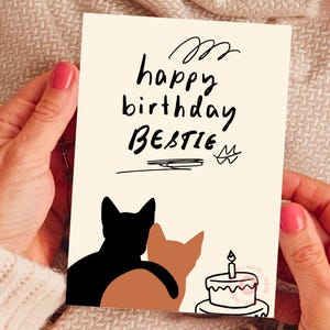 Gelukkige verjaardag Bestie - afdrukbare kattenkaart - verjaardagscadeau voor BFF - verjaardagskaart voor haar - schattige kat afdrukbare - verjaardagskaart voor beste vriend