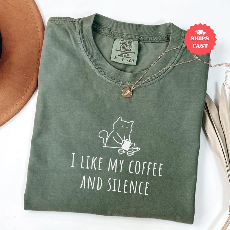 Funny Coffee Mom Shirt I Like My Coffee and Silence, Comfort Colors Introvert Mom Tee, Motherhood Humor Gift for Moms, Coffee & Cat Shirt image 2