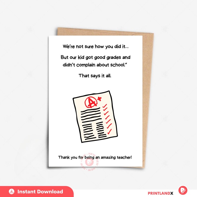 Funny Teacher Thank You Card Printable • A+ End of Year Teacher ...