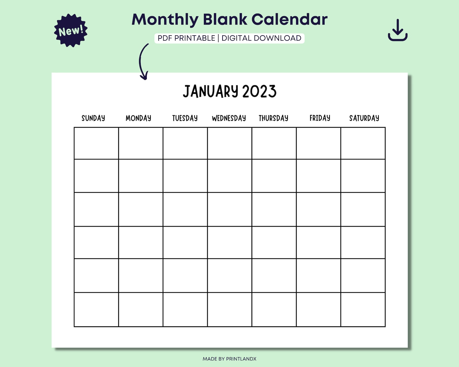 Monthly Blank Calendar Simple Calendar Free Printable - Etsy
