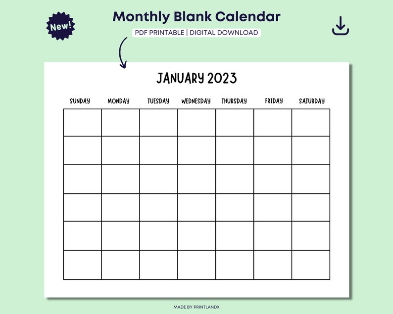 Monthly Blank Calendar Simple Calendar Free Printable - Etsy