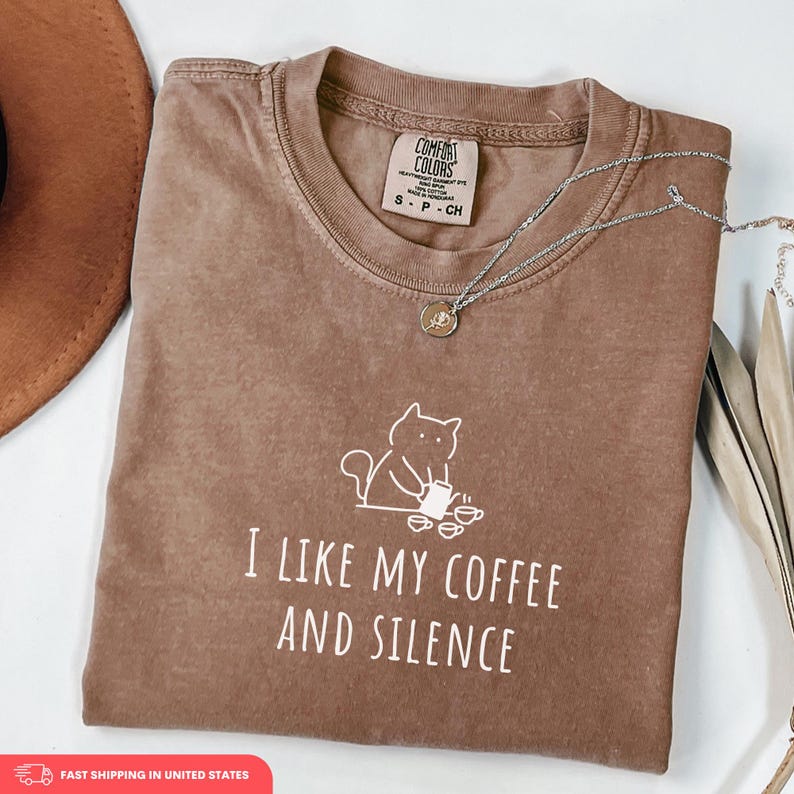 Funny Coffee Mom Shirt I Like My Coffee and Silence, Comfort Colors Introvert Mom Tee, Motherhood Humor Gift for Moms, Coffee & Cat Shirt image 4