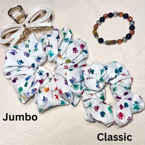 Handmade Cotton Hair Scrunchie Classic and Jumbo Size with Colorful Paw Print Design - Soft and Durable - Gift for Pet Lovers