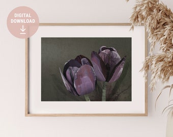 Digitale kunstafdruk donkere tulp, paarse bloemenkunst, bosgroene bloemenprint, zwarte tulp botanisch, Instant Download, Afdrukbaar, Digitaal bestand