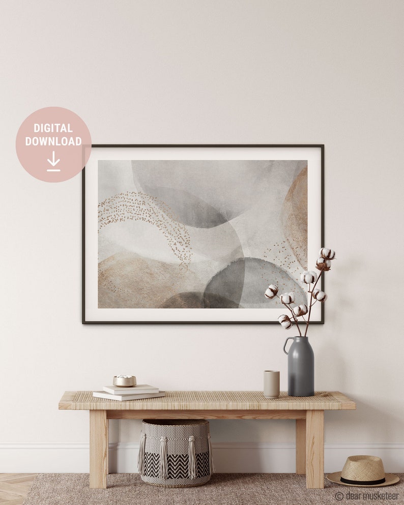 Grey and Gold Circle Abstract Art Print Pair, Graphic Poster