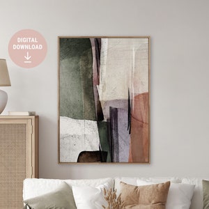 May include: Abstract art print with a mix of green, brown, purple, and white paint strokes on a textured background.