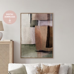 Könnte beinhalten: Abstrakter Kunstdruck mit geometrischen Formen in Braun-, Grün- und Weißtönen. Der Druck hat einen strukturierten, aquarellartigen Effekt.