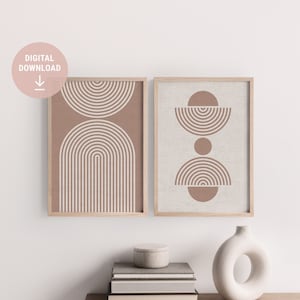 Beige Bögen abstrakte Kunst Druck Paar, Leinen Textur, Bio, Minimalist Art Set, Sofort Download, druckbare Kunst, digitale Datei