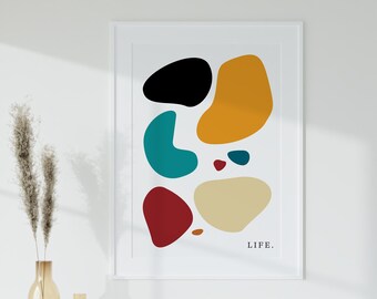 Affiche abstraite sur le thème du style de vie - Décoration murale aux formes colorées, design moderne du milieu du siècle, art mural imprimable pour salon et bureau