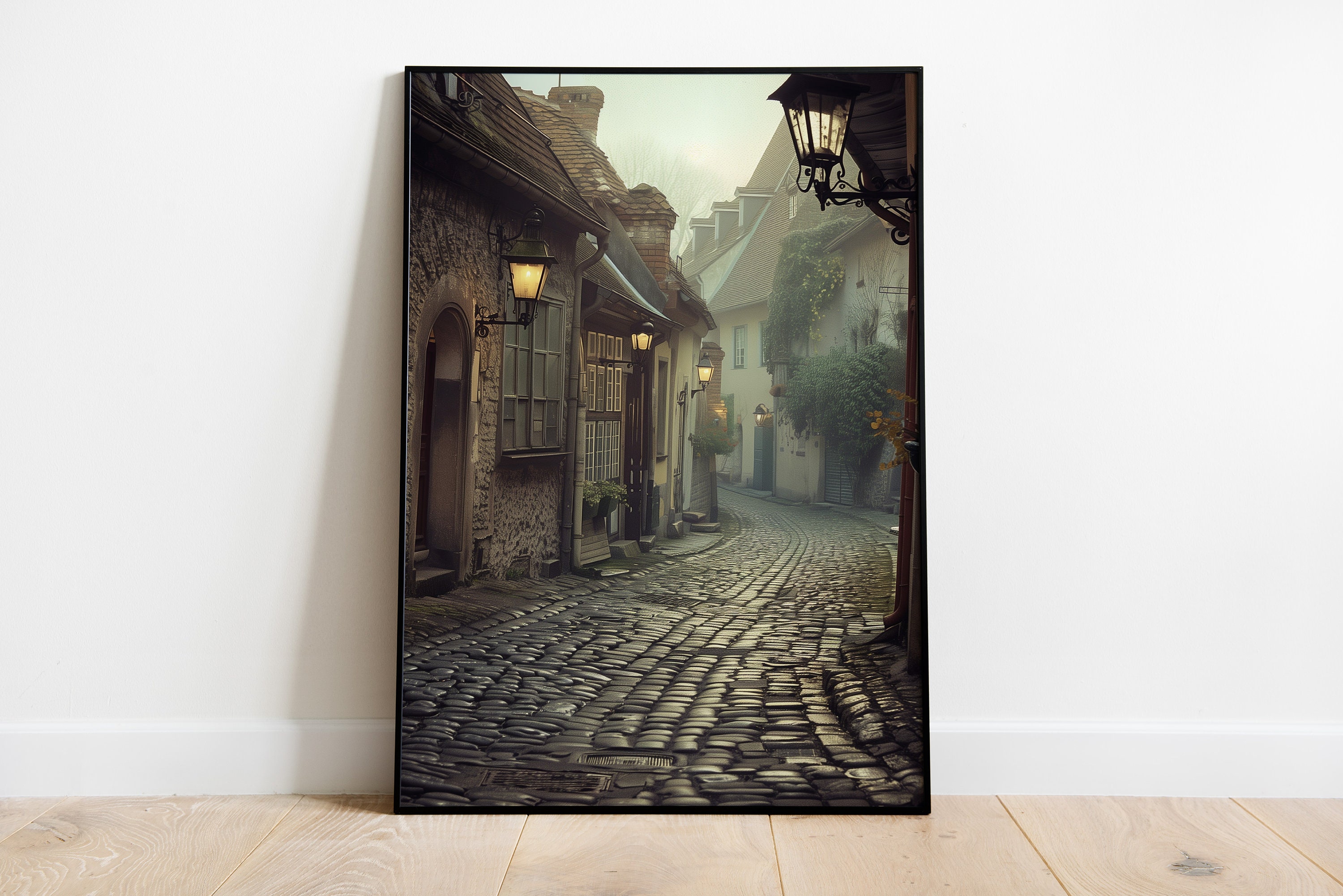Historic cobblestones at dawn - European alley poster