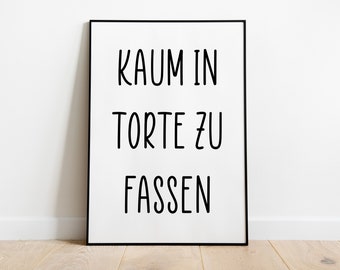 May include: A black framed poster with white background and black text that reads "KAUM IN TORTE ZU FASSEN".