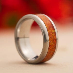 Orange Opal Inlay Ring, Stainless Steel - Men / Women Wedding Ring,  Engagement Ring, Anniversary Gift, Custom Jewelry, Valentines Gift