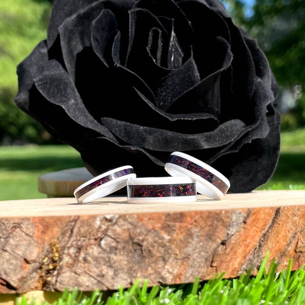 Lava Rock Black Opal Inlay Ring, White Ceramic, Women, Men, Wedding, Engagement, Anniversary