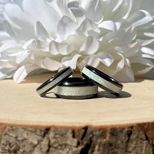 Frost White Opal Inlay Ringin Black Ceramic - Men / Women Wedding Ring,  Engagement Ring, Anniversary Gift, Custom Jewelry, Valentines Gift