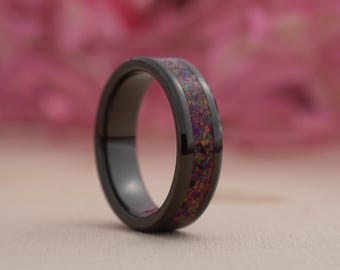 Orchid Opal Inlay Ring in Black Ceramic - Men / Women Wedding Ring,  Engagement Ring, Anniversary Gift, Custom Jewelry, Valentines Gift