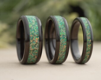 Viridian Green Opal Inlay Ring in Black Ceramic -Men / Women Wedding Ring,  Engagement Ring, Anniversary Gift, Custom Jewelry, Black Friday