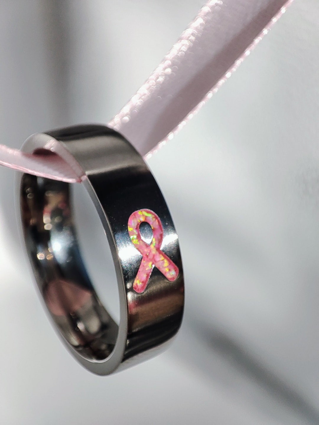 Pink Awareness Ribbon Opal Ring in Titanium - Men / Women Wedding Ring ...