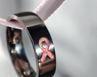 Pink Awareness Ribbon Opal Ring in Titanium - Men / Women Wedding Ring, Anniversary Gift, Cancer Awareness, Valentines Gift