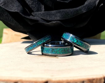 Emerald Green Opal Inlay Ringin Black Ceramic - Men / Women Wedding Ring,  Engagement Ring, Anniversary Gift, Custom Jewelry, Black Friday