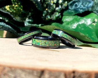 Olive Green Opal Inlay Ring in Black Ceramic - Men / Women Wedding Ring,  Engagement Ring, Anniversary Gift, Custom Jewelry, Valentines Gift