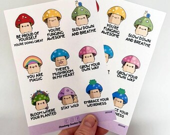 Kawaii Self Care Mushroom Sticker Sheet - Self Care - Mushroom - Stickers - Sticker Sheet - SSC 0048