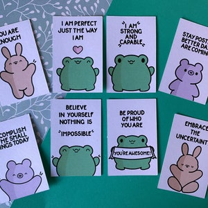 Mini-cartes kawaii pour affirmer l'amour de soi - affirmation - grenouille - positif - cartes