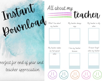 Teacher Appreciation Printable, Teacher Thank You, All About My Teacher