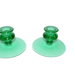 Vtg Pair Uranium Glass Candlestick Holders  Green Depression Glass