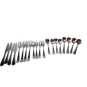 May include: A set of stainless steel flatware consisting of four dinner knives, seven forks, and eight spoons. Each piece features a smooth, polished metallic finish with a simple, rounded handle design, arranged in a horizontal row against a white background.