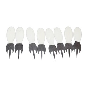 May include: Eight cheese forks, each with a white, oval handle and a grey, three-pronged fork head. The forks are arranged horizontally. The background is white.