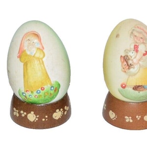Vtg Lot Of 4 ANRI Italy Hand Wood Carved Eggs 1970&#39;s  80&#39;s Animals Children