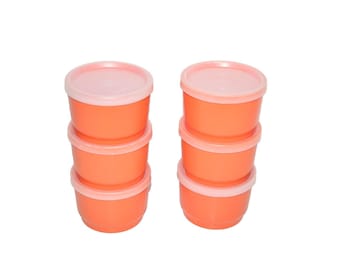 6-delige oranje Tupperware snackbekertjes van 5 cm met deksels, vintage stijl