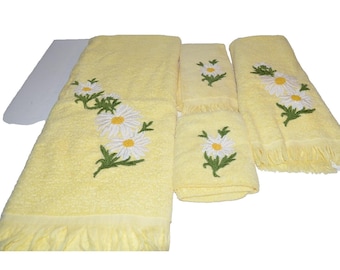 Vintage jaren 70 set Cannon Daisy badhanddoeken met franjes, geel