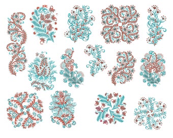 Ornamental Flowers Machine Embroidery Design Collection, 14 Digital Patterns, Instant Download, Multi Format Bundle
