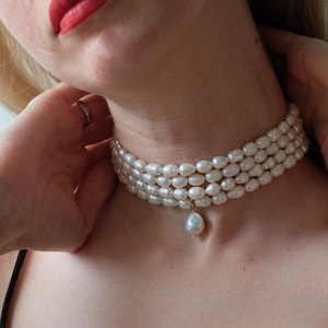 Layered Real Pearl Choker. Real Pearl Choker with Baroque Pearl , 4 Row Real Pearl Necklace, Multistrand Pearl Choker, Bridal Pearl Choker.
