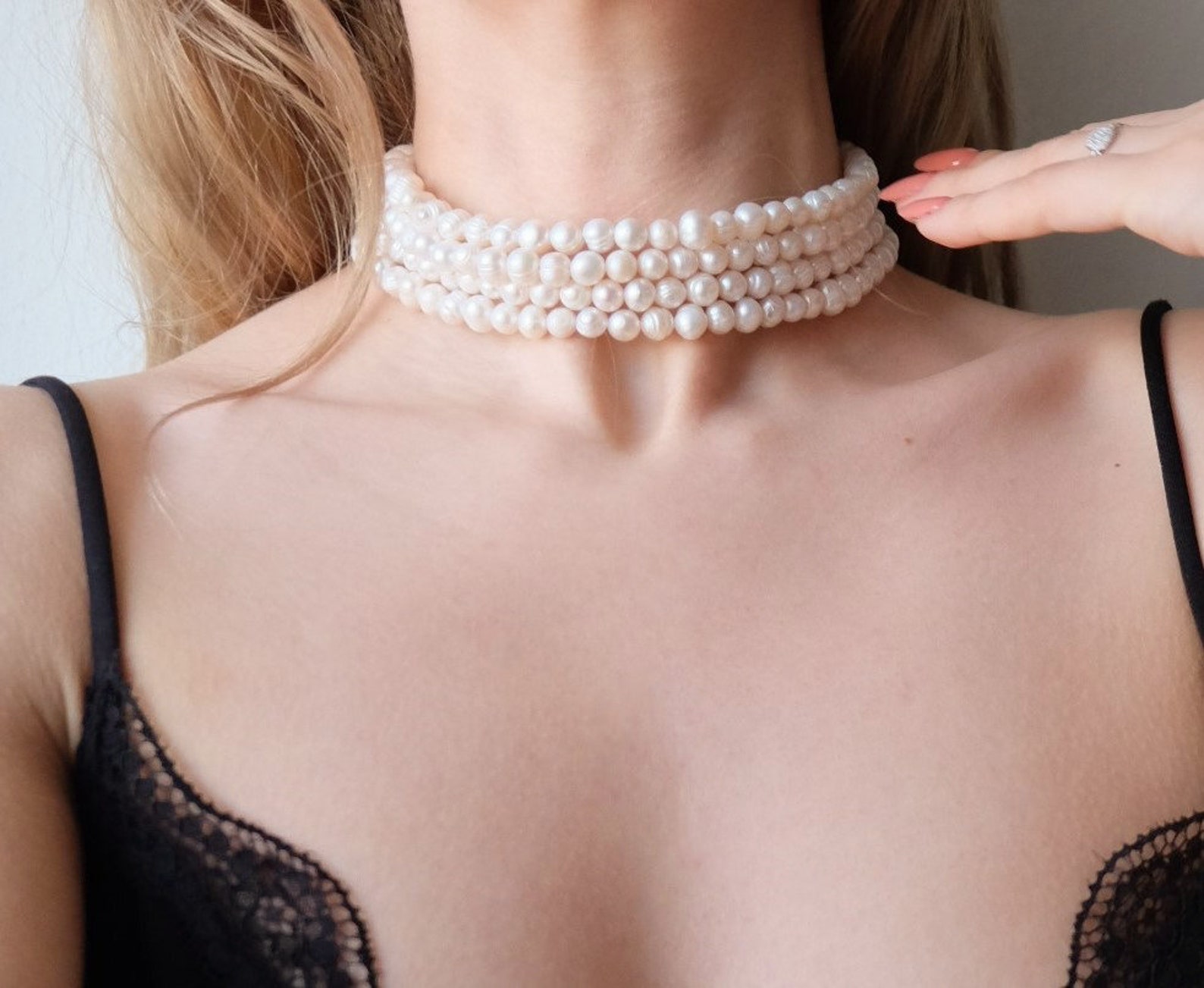 Layered Real Pearl Choker Necklace, 4 Row Real Pearl Necklace