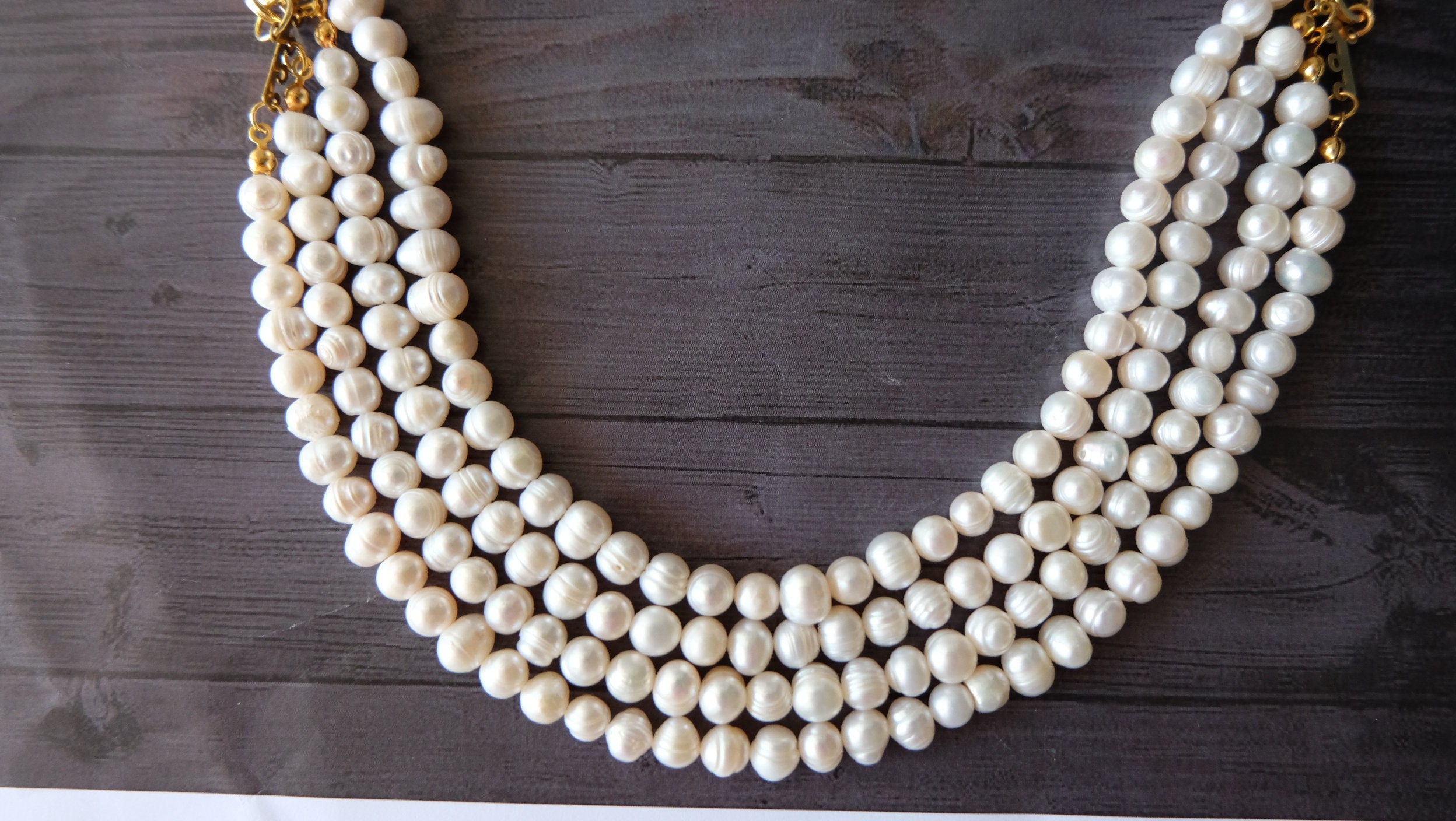 Layered Real Pearl Choker Necklace, 4 Row Real Pearl Necklace