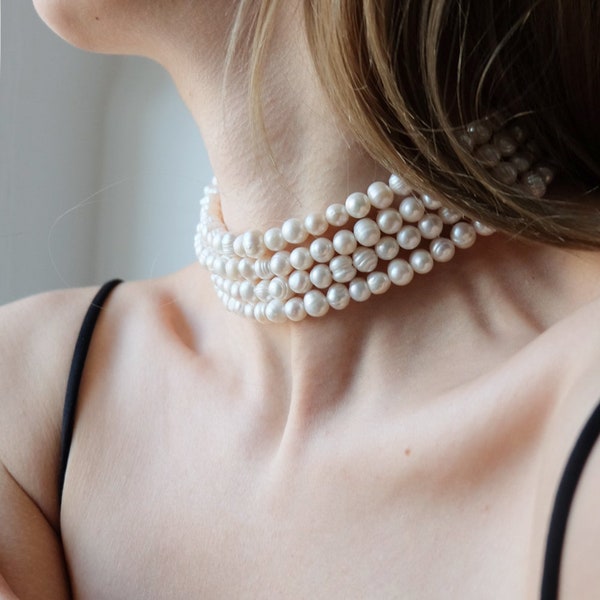Layered real  pearl choker necklace, 4 row real pearl necklace, multistrand pearl choker, bridal pearl choker, real pearl choker
