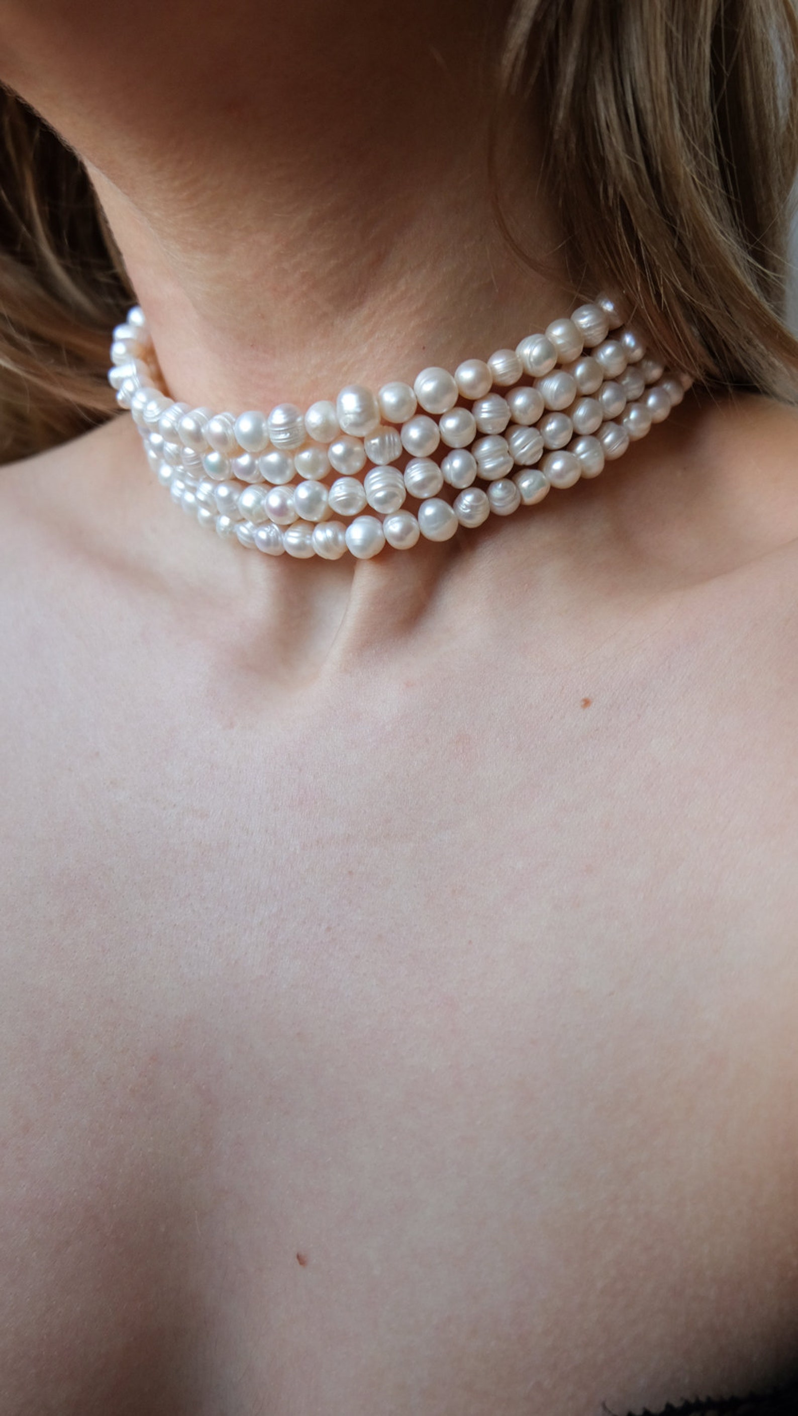 Layered Real Pearl Choker Necklace, 4 Row Real Pearl Necklace