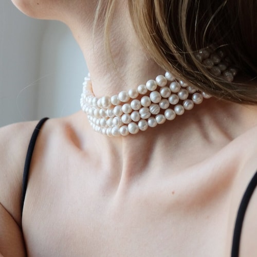 ★PEARLY MORE★ Grey Rose Pearl Choker Necklace Layered Real Pearl Choker Necklace, 4 Row Real Pearl
