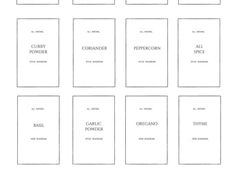 May include: Twelve spice and herb jars with white labels and black text. The labels say "All Natural" and the name of the spice or herb. The spices are paprika, cumin, oregano, salt, curry powder, coriander, peppercorn, all spice, basil, garlic powder, oregano, and thyme.