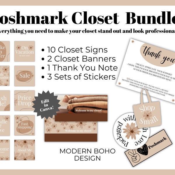 Poshmark Closet Bundle, Modern Boho, Poshmark Closet, Poshmark Banners, Stickers, Thank You Cards