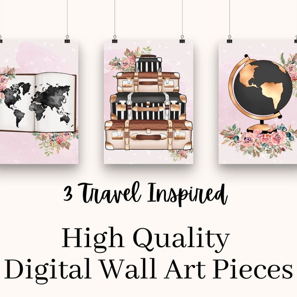 3 Piece Printable Travel Wall Art Set, Travel Wall Art, Wall Art, Travel Inspired Wall Art, Chic Travel Wall Art